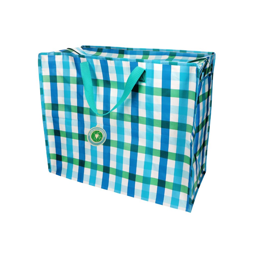 ruime opbergtas met rits in blauwe ruit