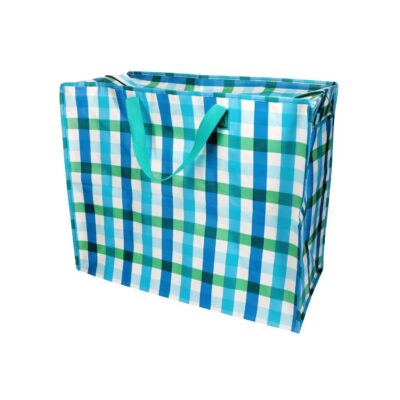 opbergtas met rits en blauwe ruitjes