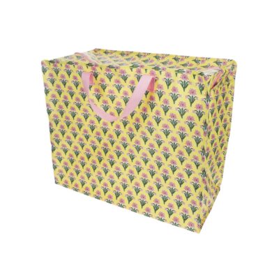 ruime opbergtas geel met rits en kleine bloemetjes in roze groen