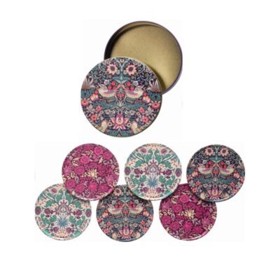 set van 6 onderzetters met bloemen paars roze in blikje