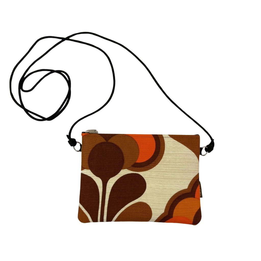 schoudertasje of etui met rits van vintage stof bloem oranje bruin