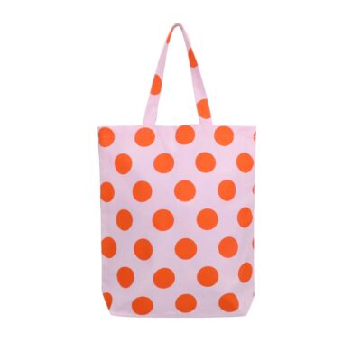 roze katoenen tas met grote stippen in oranje/rood