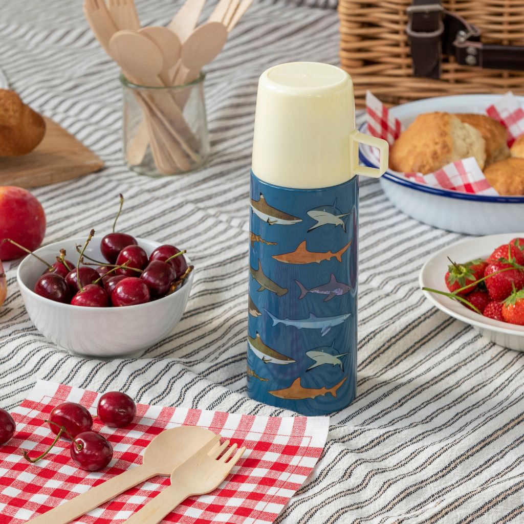 blauwe thermosfles met beker voor kind met dieren print