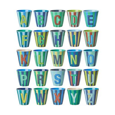 alfabet letter bekers met strepen blauw groen