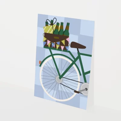 kaart zomaar of felicitatie verjaardag, diploma etc. met fiets, bier en party