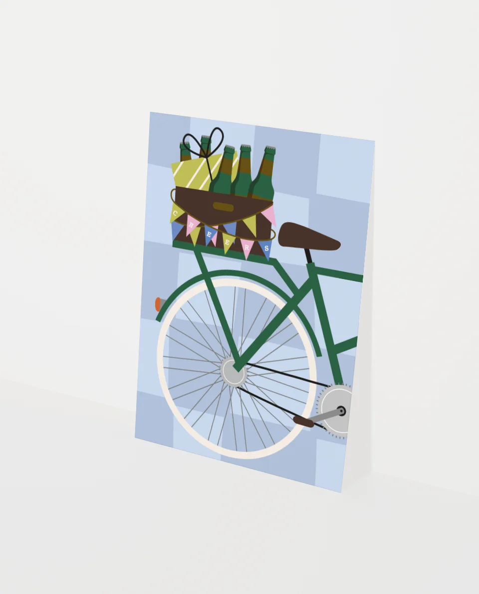 kaart zomaar of felicitatie verjaardag, diploma etc. met fiets, bier en party