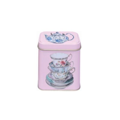 opbergblikje roze met vintage theepot print