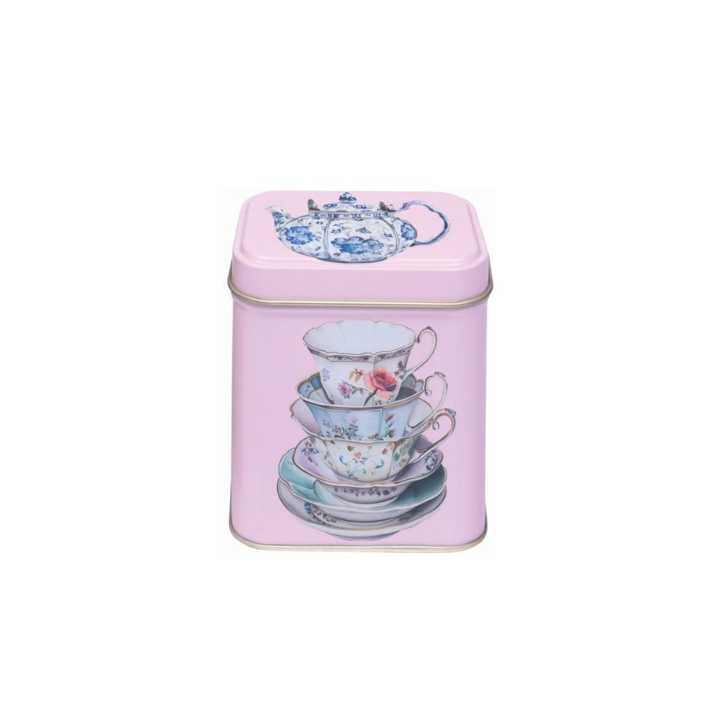 opbergblikje roze met vintage theepot print