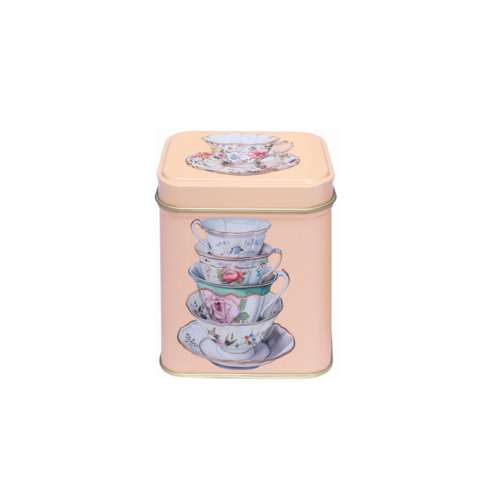 zalmroze opbergblikje met romantische vintage print
