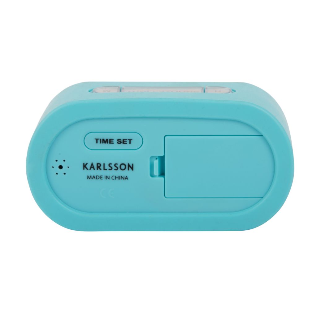 blauwe digitale wekker op batterij van karlsson