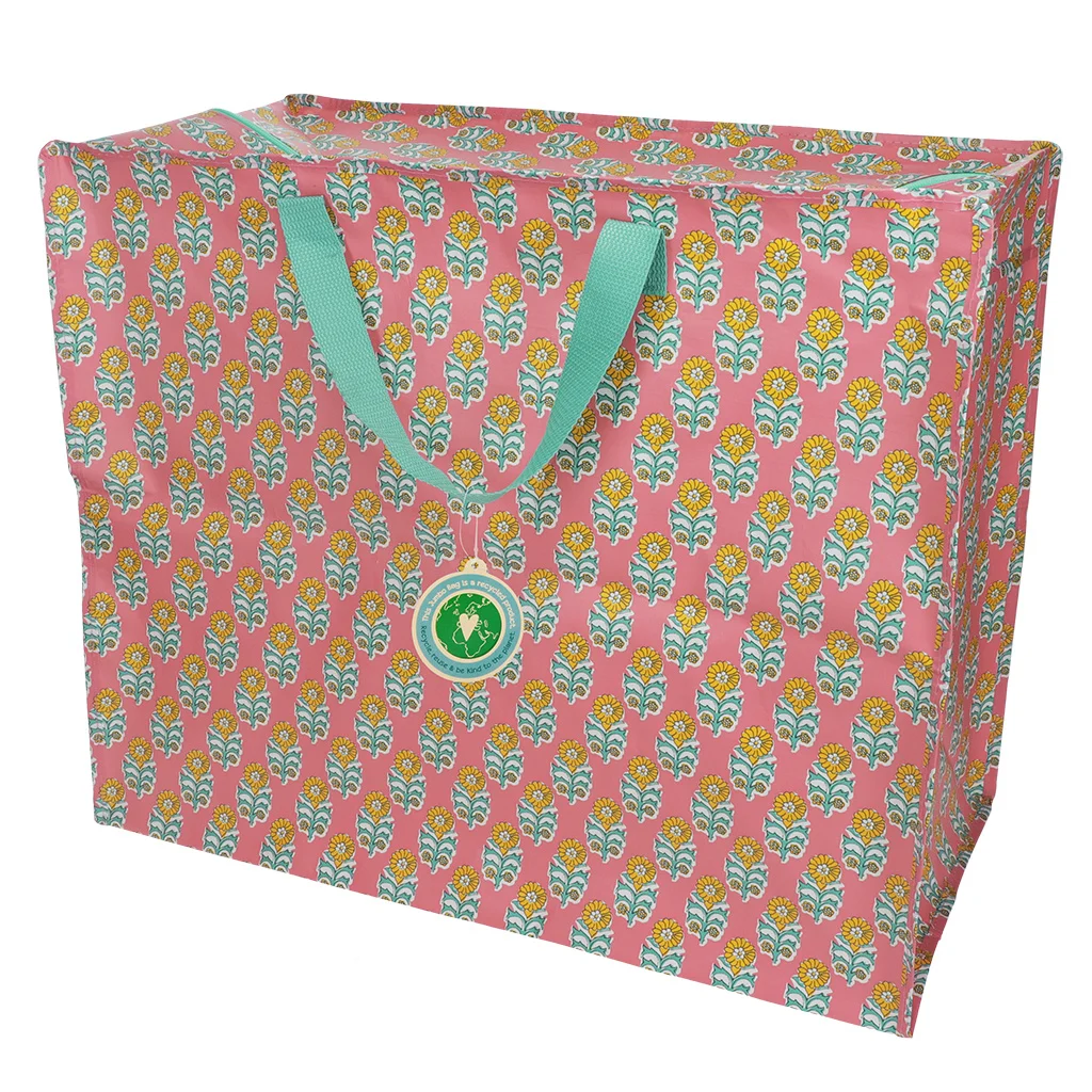 opbergtas large met rits roze met bloemen