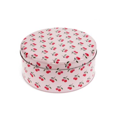 roze koektrommel rond met kleine kersen print