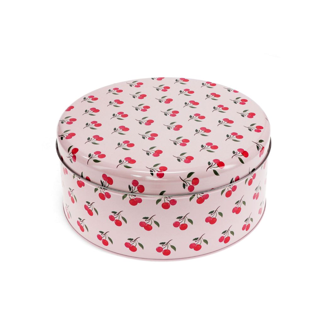 roze koektrommel rond met kleine kersen print