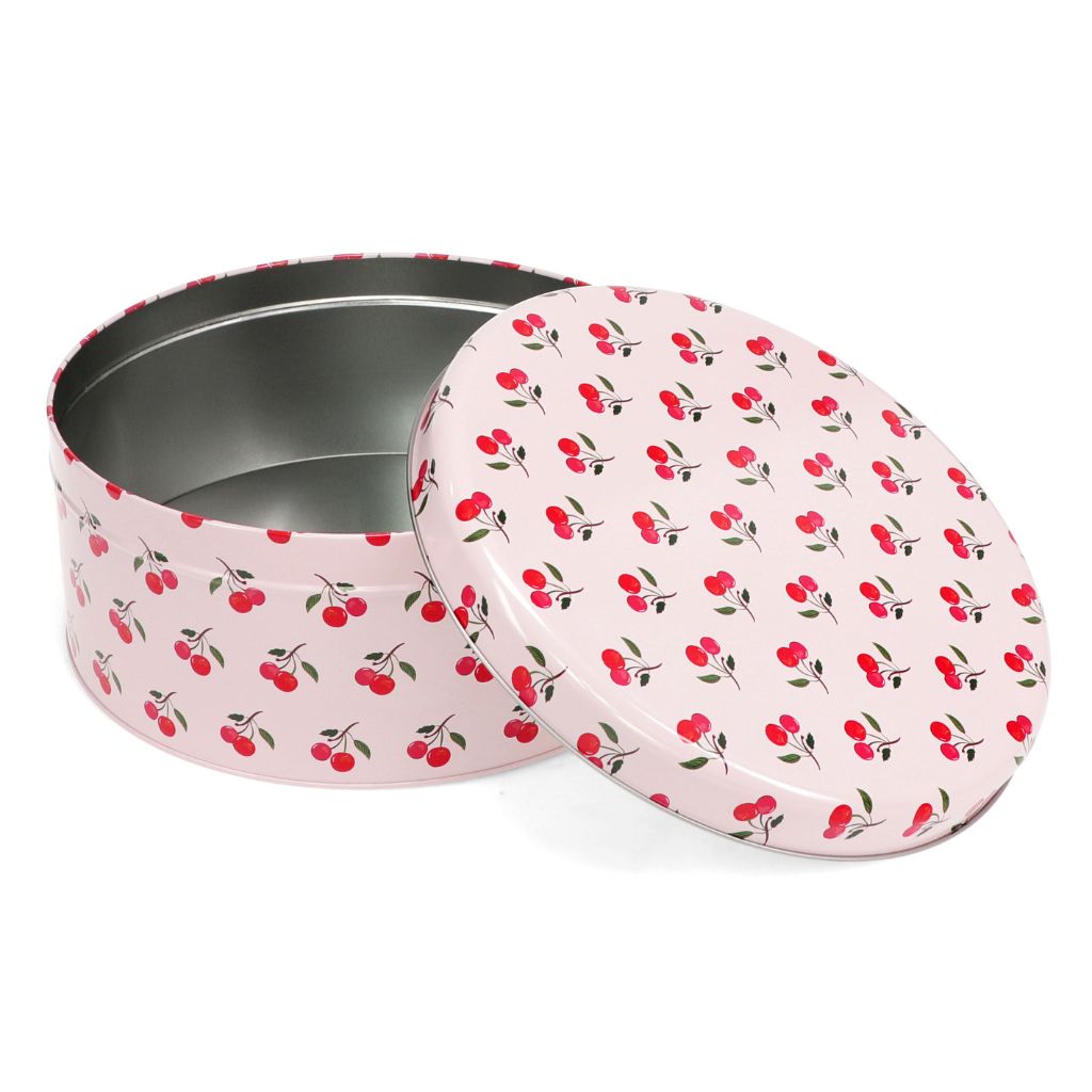 koektrommel met kersen print in roze met rode kersen