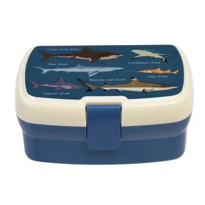 blauwe bentobox met haaien print