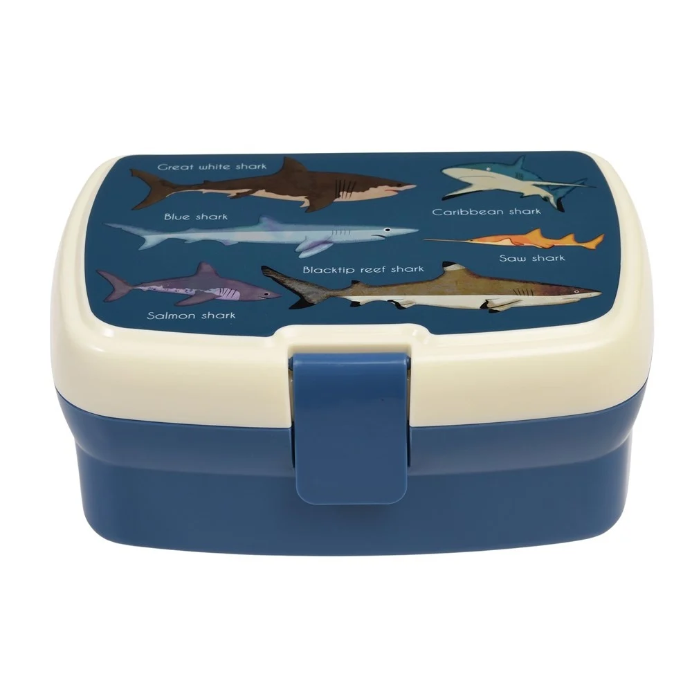 blauwe bentobox met haaien print