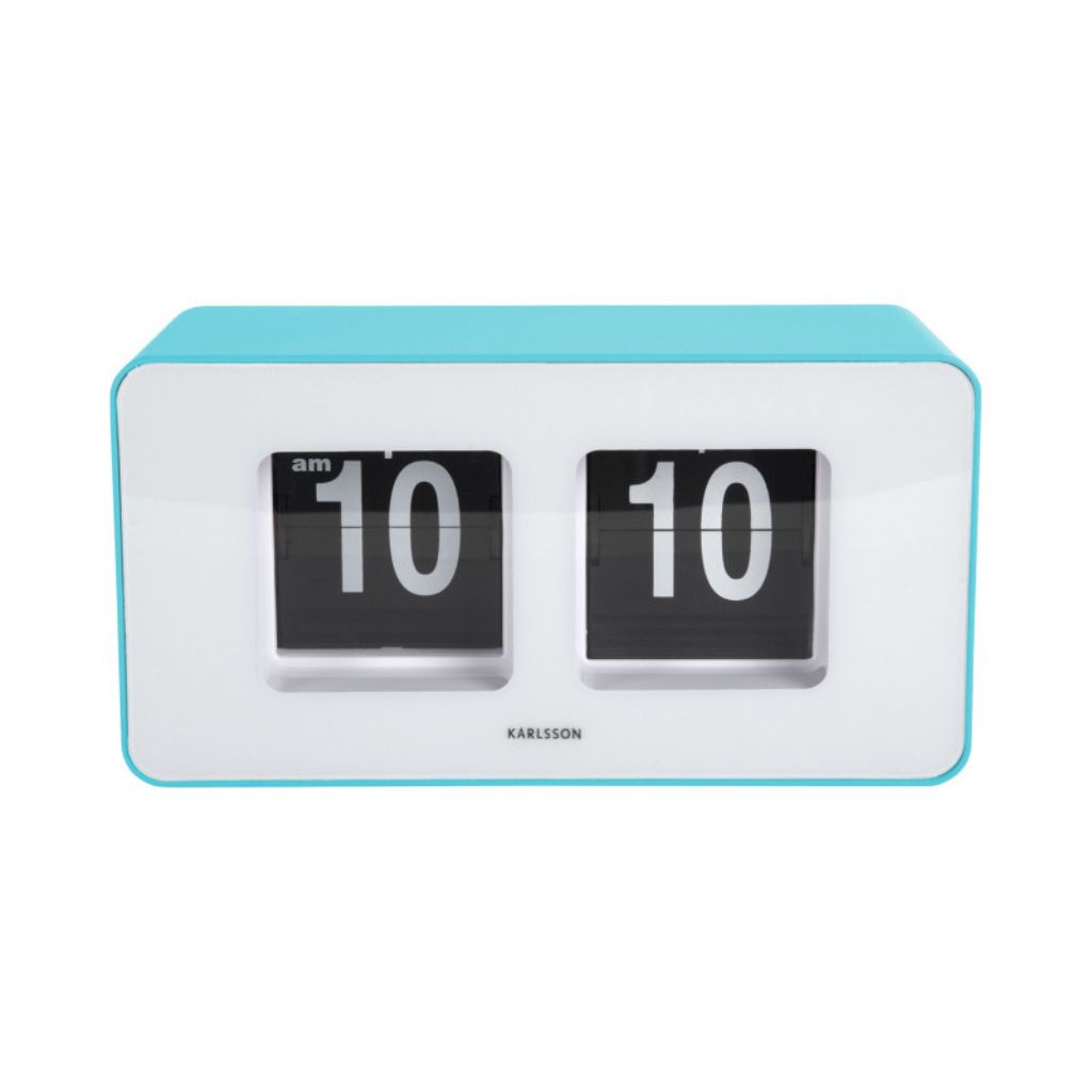klok met flip mechanisme in helder blauw turquoise