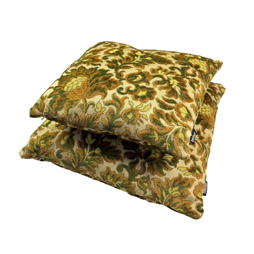 handgemaakt kussen van vintage stof, jacquard velvet groen geel brocant