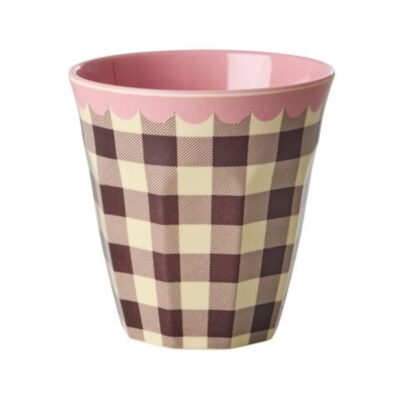 beker melamine medium met ruitje bruin ecru en roze randje