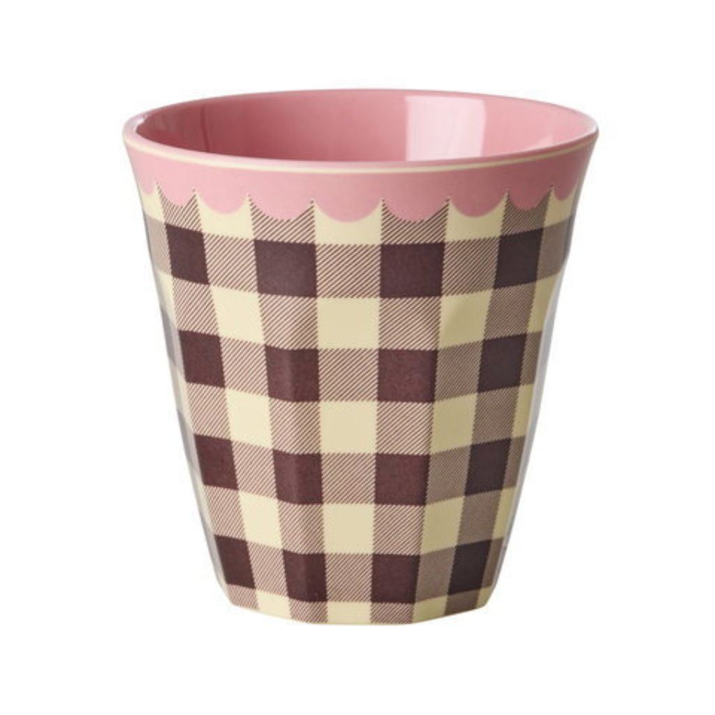 beker melamine medium met ruitje bruin ecru en roze randje