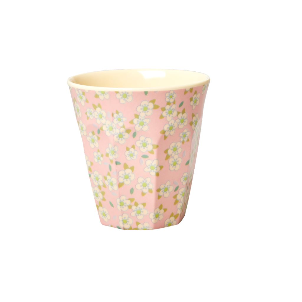melamine beker medium roze met kleine bloemen