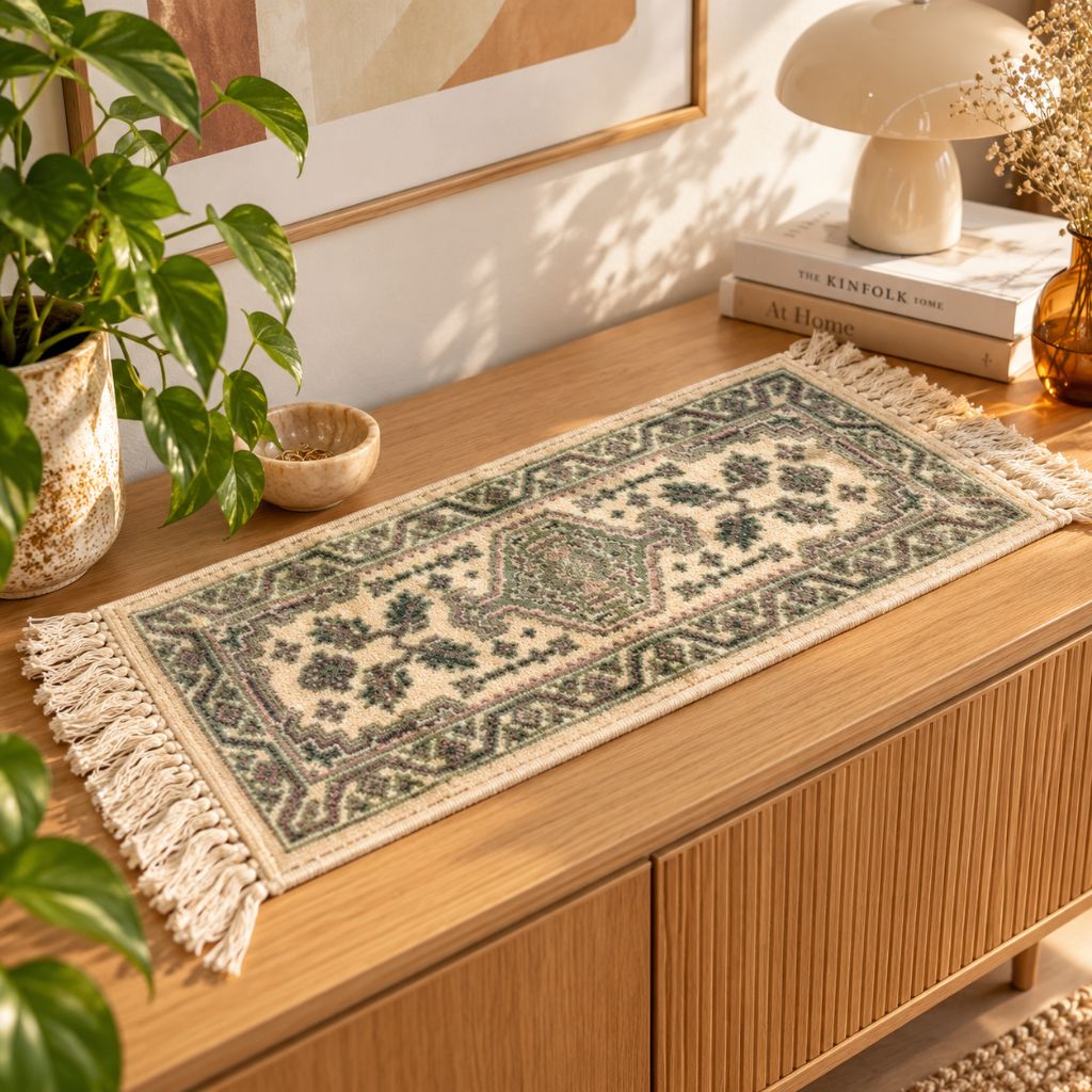 Smyrna tafelloper - ecru groen - Kent - 33 x 80 cm - jaren 70 - Afbeelding 2